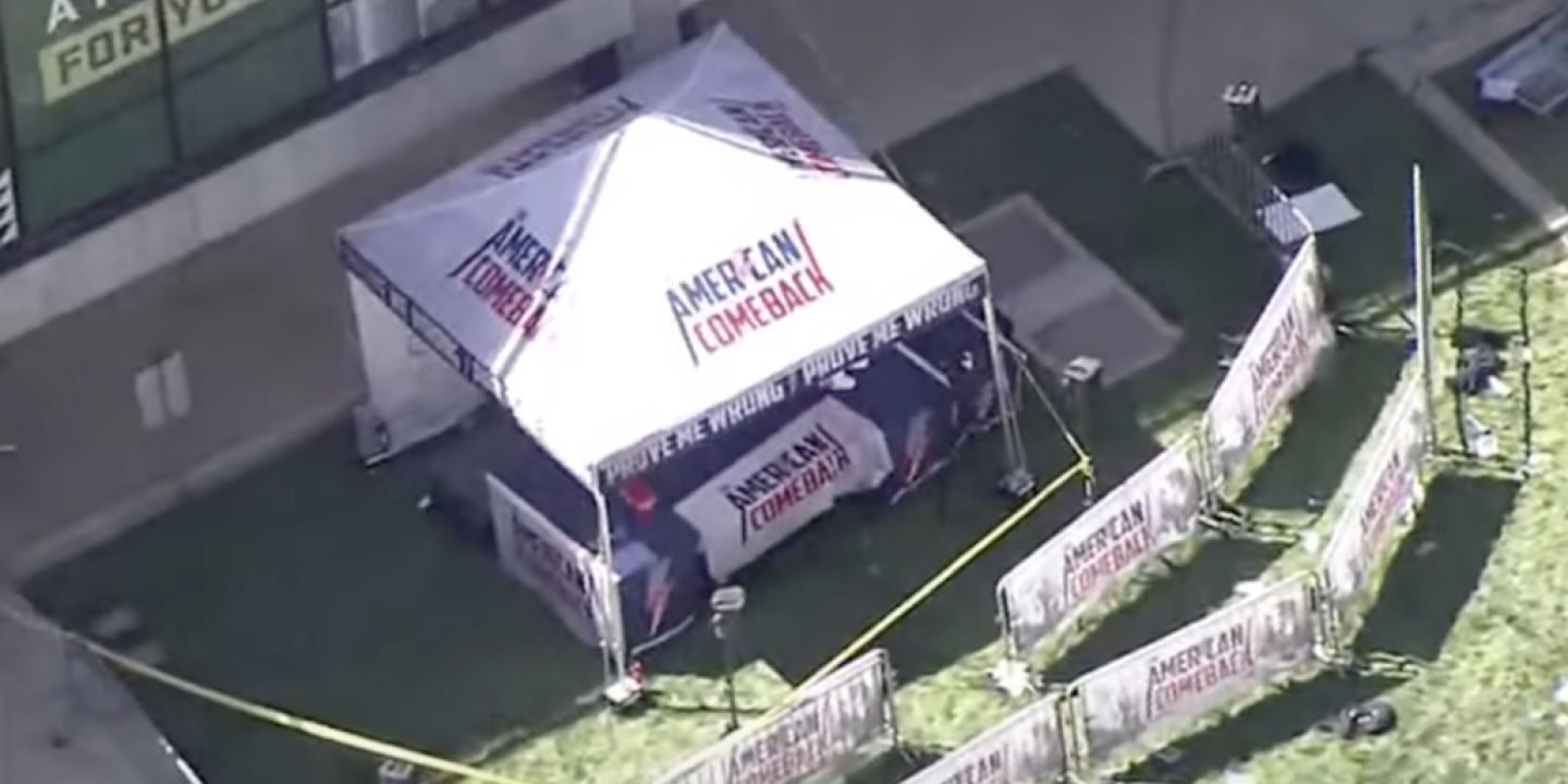 An aerial view of a gazebo at the site of the Charlie Kirk shooting