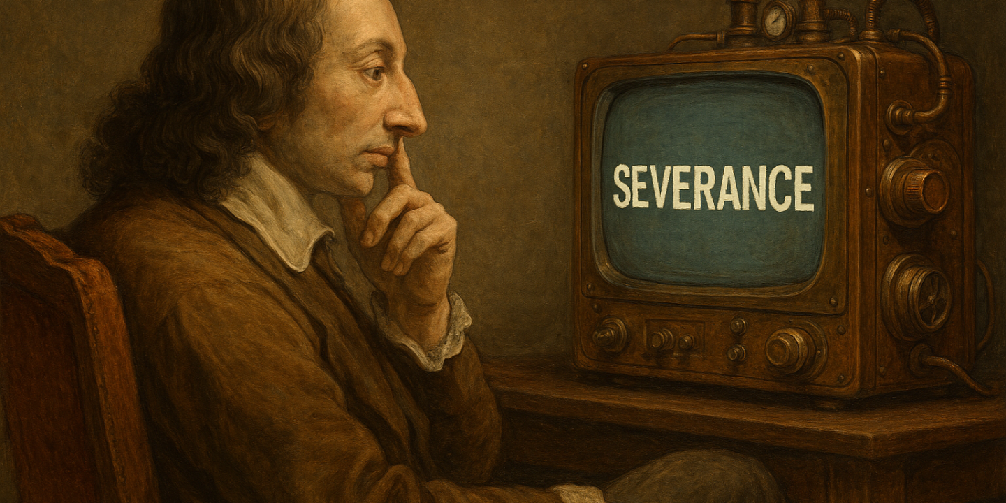 Pascal ponders a steampunk TV showing Severance.