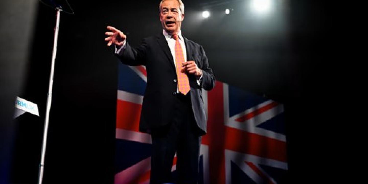 Nigel Farage stands and gestures in front of a flag.