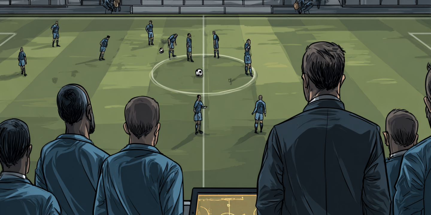 An AI image of apathetic football players being watched by dis-spirited fans.