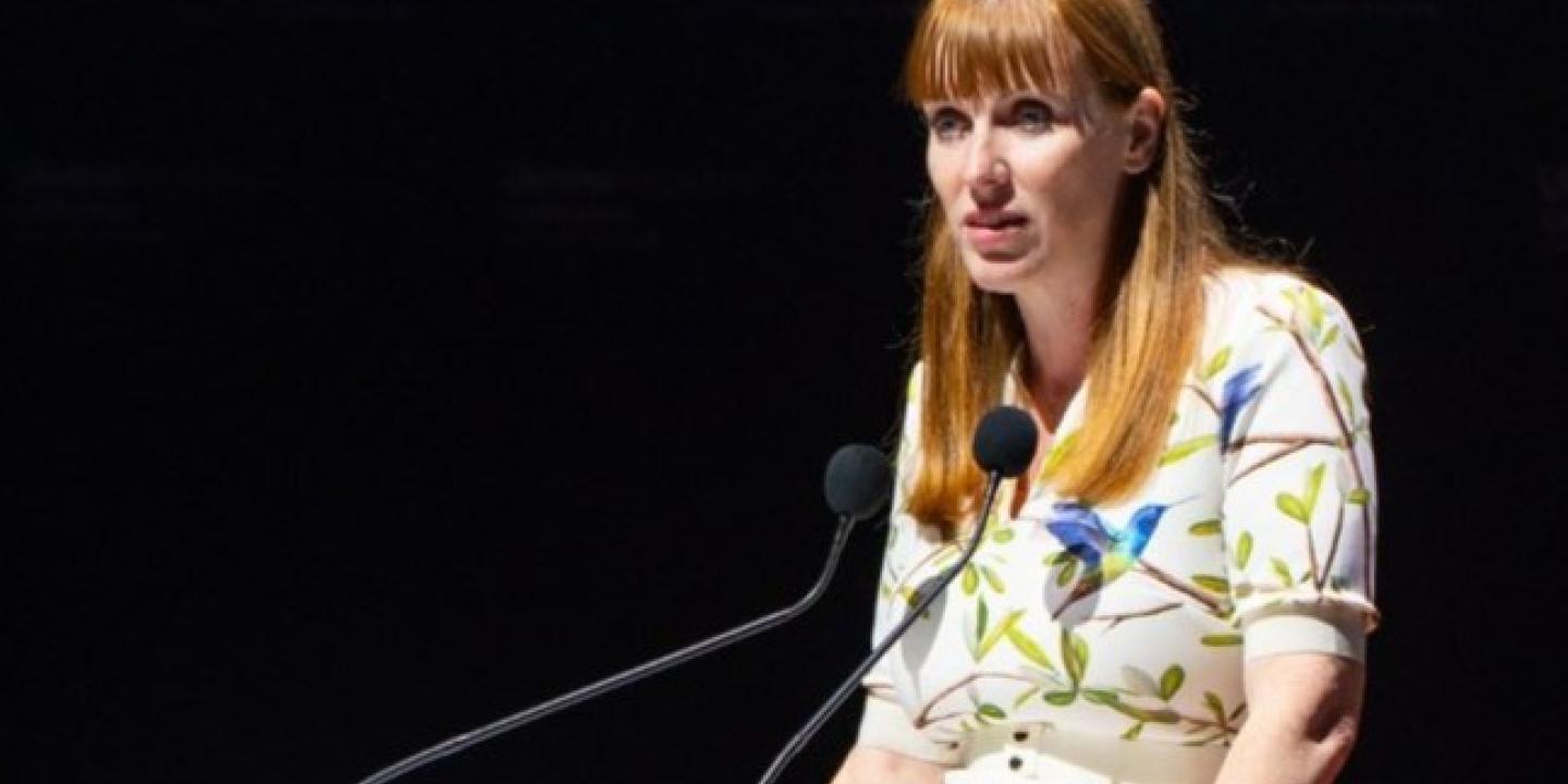 Angela Rayner pauses while delivering a speech