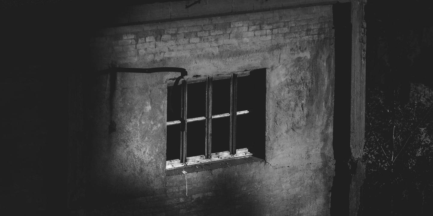 A barred window sits in a dark brick wall.