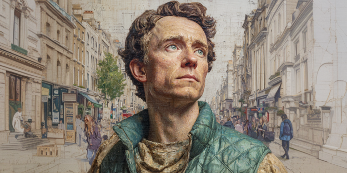 An AI image shows a contemporary man looking to the distance in a heroic pose.