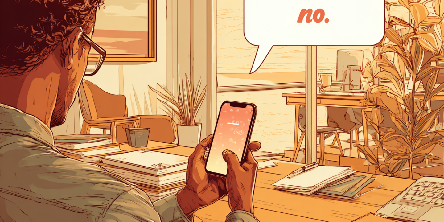 A person hold their phone on their desk, a think bubble from it says 'no'.