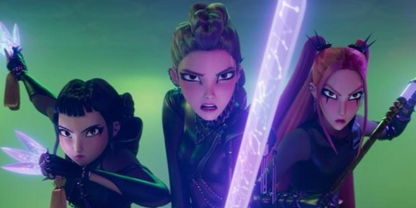 K-Popm Demon Hunters lean forward wielding weapons