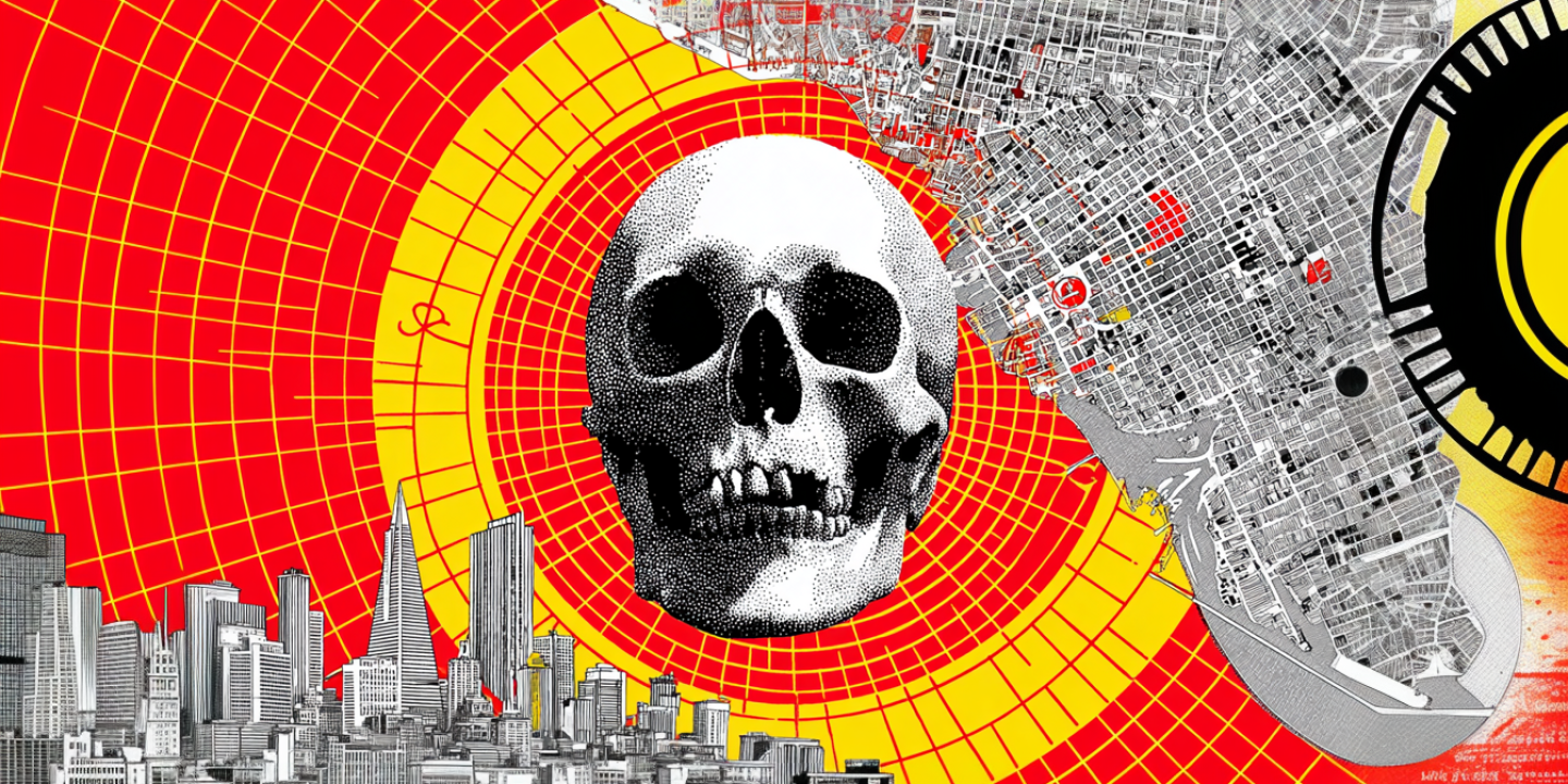 An AI montage show a black and white school at the centre of a red and yellow circular grid upon which are the San Francisco skyline and map.
