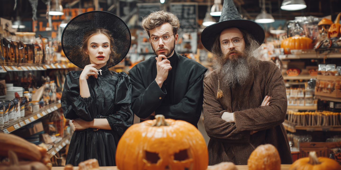 A witch, a priest and a druid stand in a store and look quizzically towards a halloween pumpkin