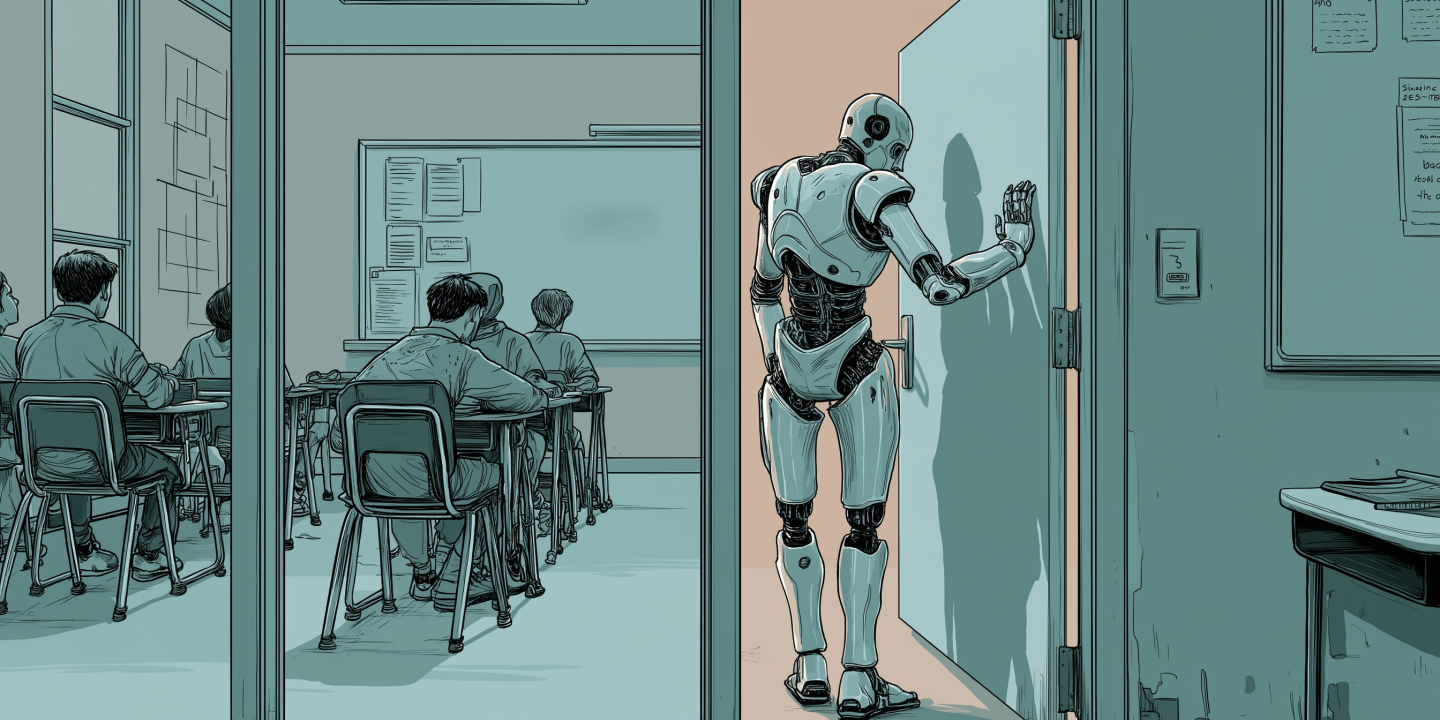 A cyborg like figure opens the door to a classroom.