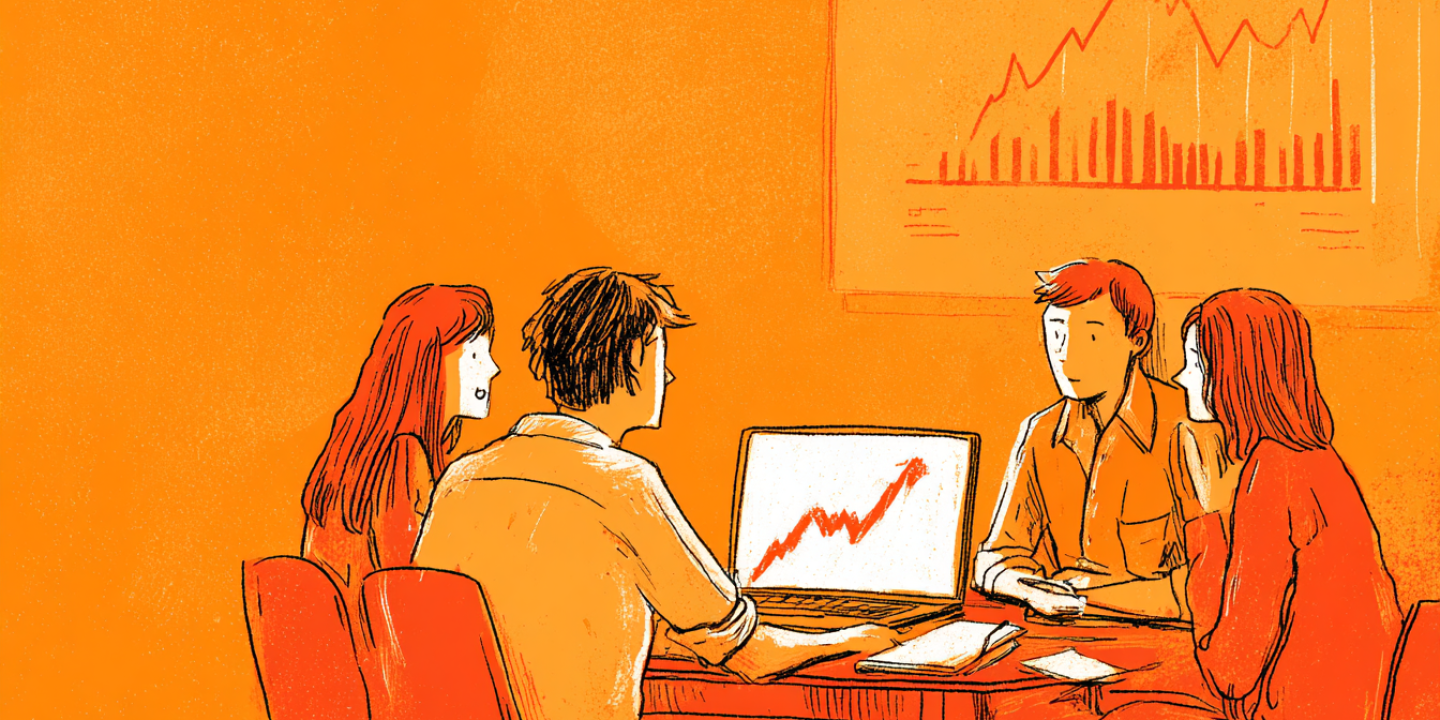 An illustration of a family around a table looking at graph on a laptop.