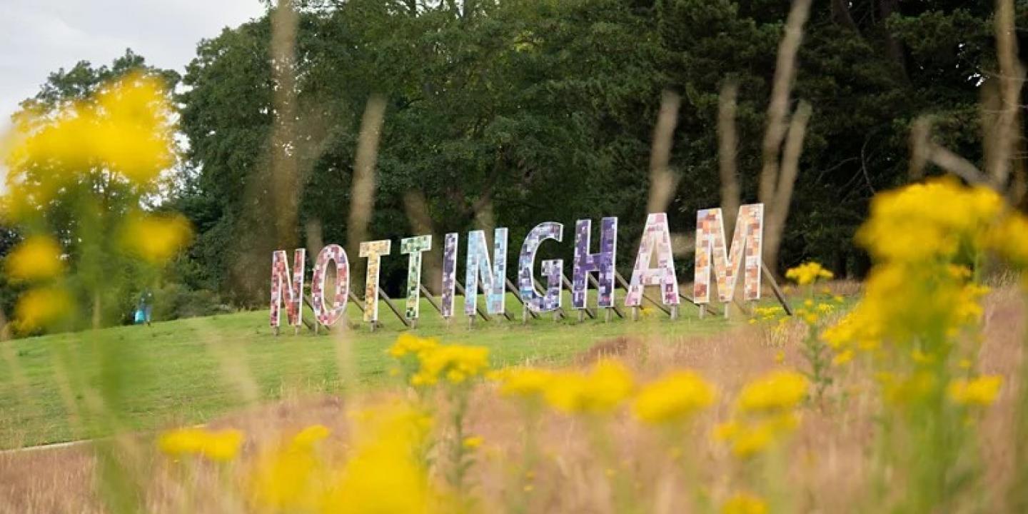 A campus sign spells out Nottingham in large letters