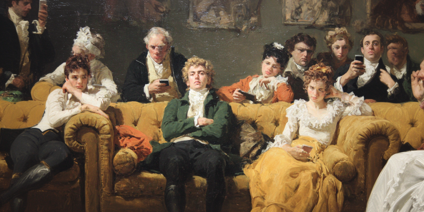 In the style of a Raeburn portrait, a set of young people lounge around on their phones looking diffident