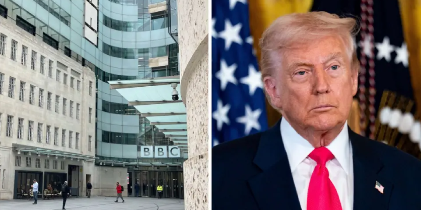 A composite images shows the entrance to the BBC on one side and Donald Trump on the other