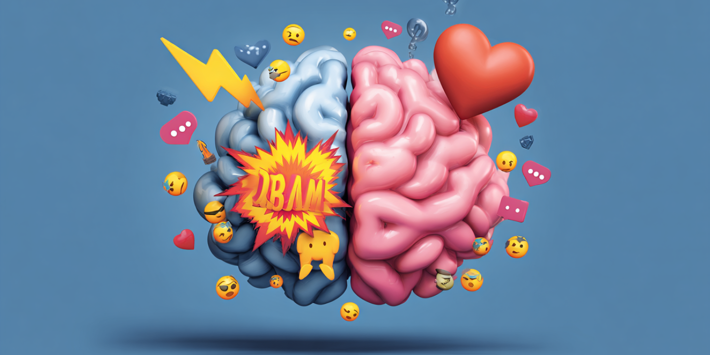 An emoji-style brain divided in two with active emojis one side and calm ones the other.