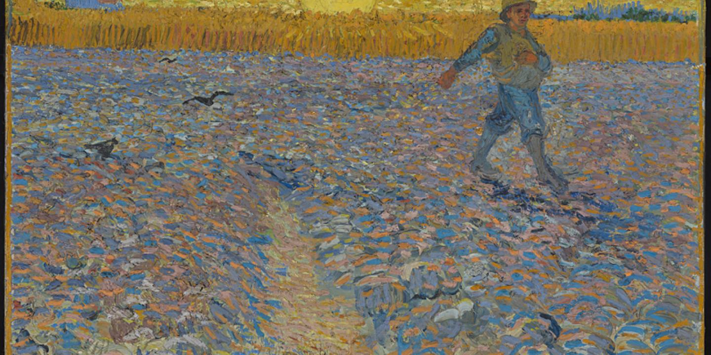Van Gogh's painting of a sower, walking across a field as the sun sets.