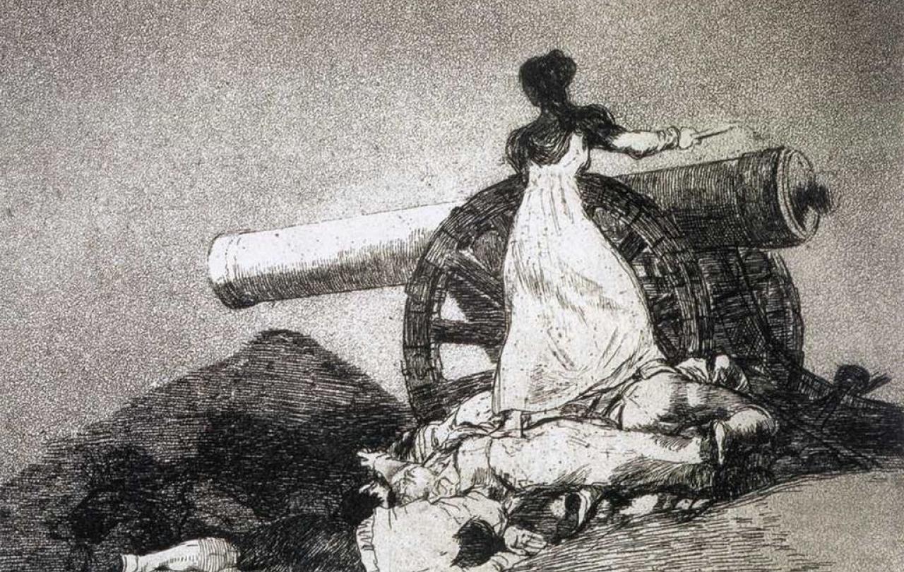 An etching show a woman operating a cannon, while dead comrades lie at her feet.