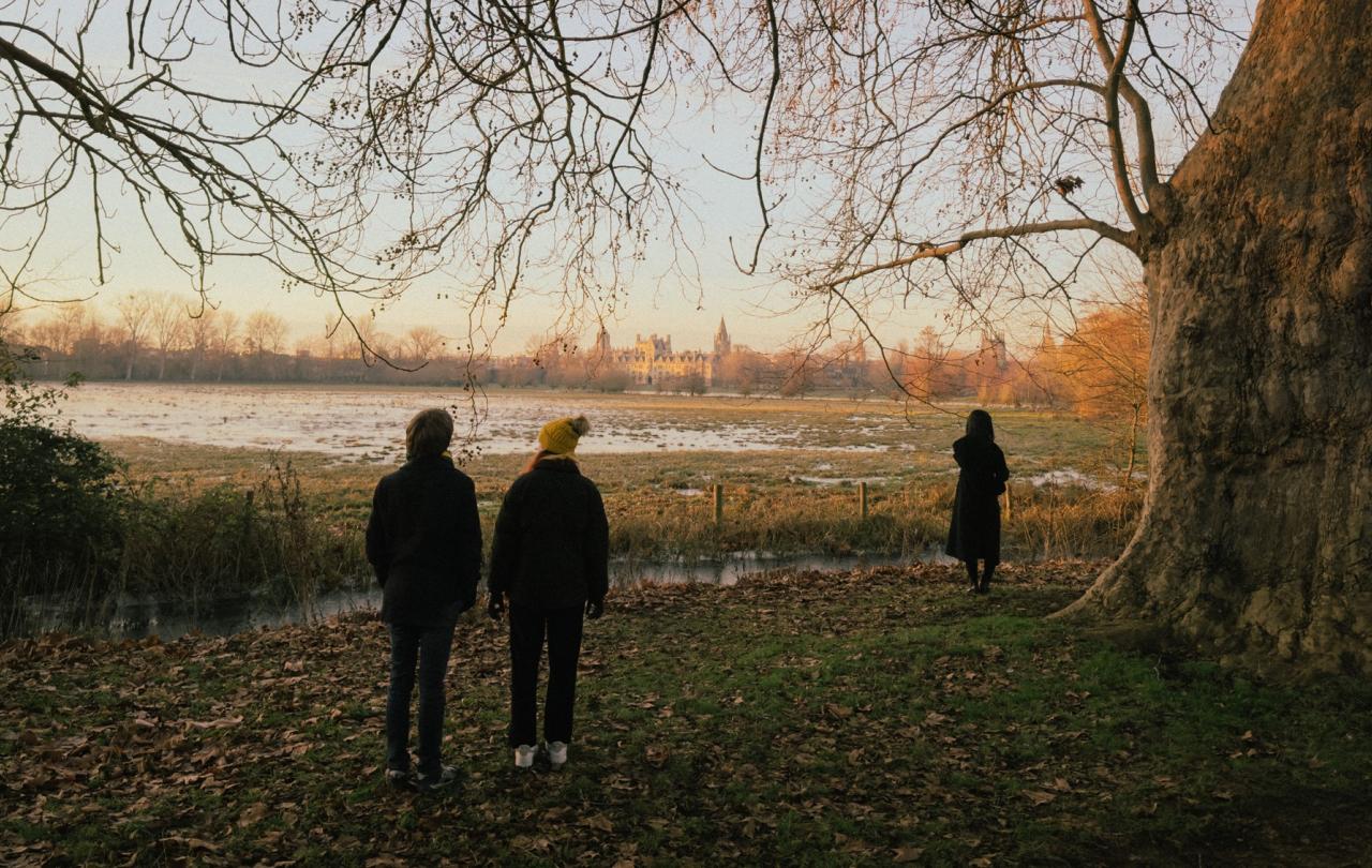 On the edge of  wintery meadow a couple and a stranger stand apart.