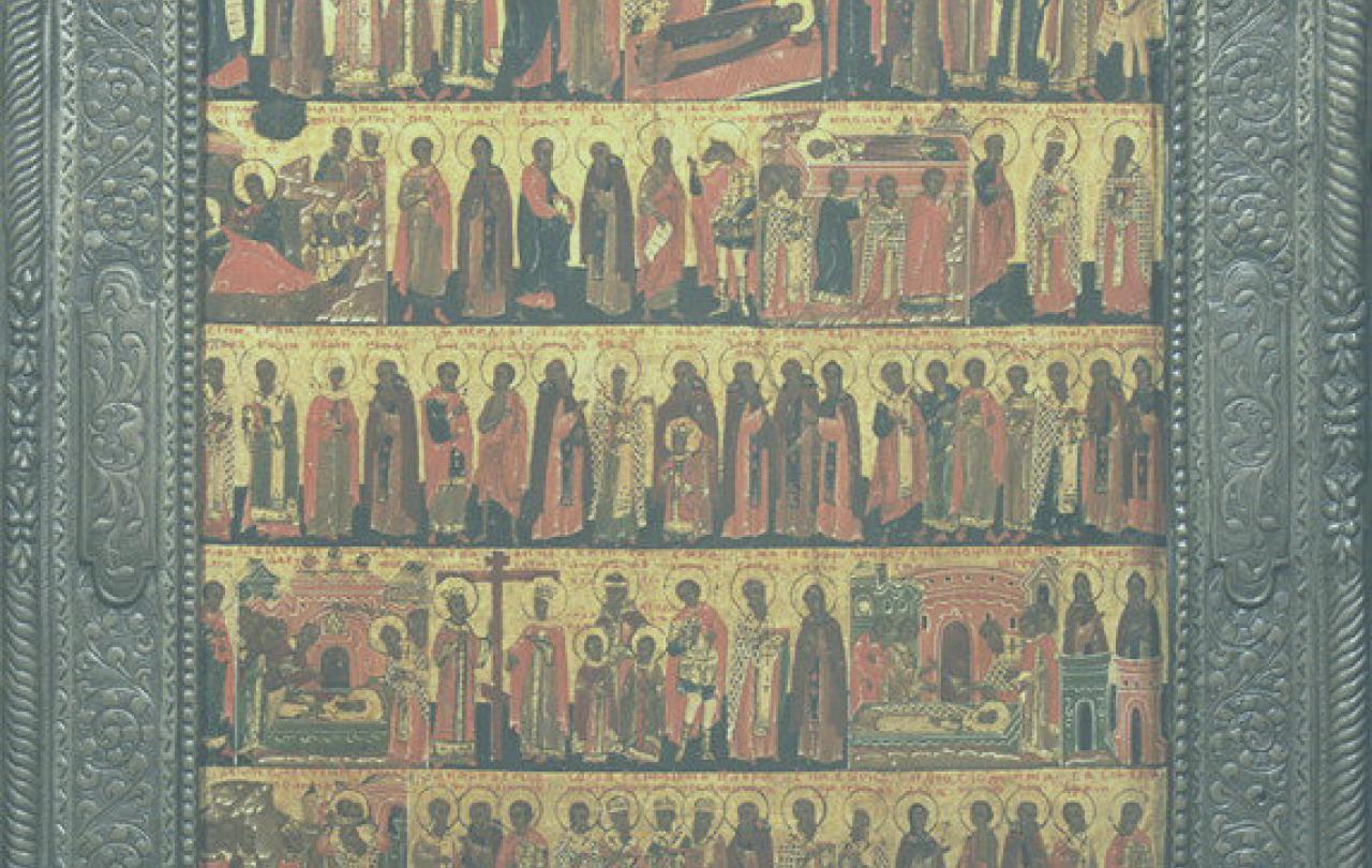 A ancient illustration showing five rows of saints in profile on a book cover.
