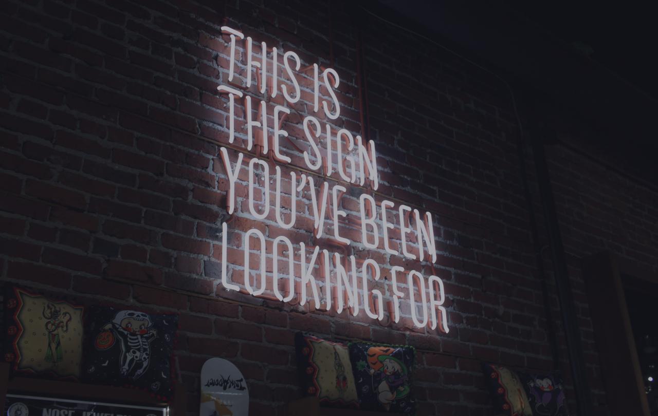 A white neon sign against a brick wall reads: 'This is the sign you have been looking for.