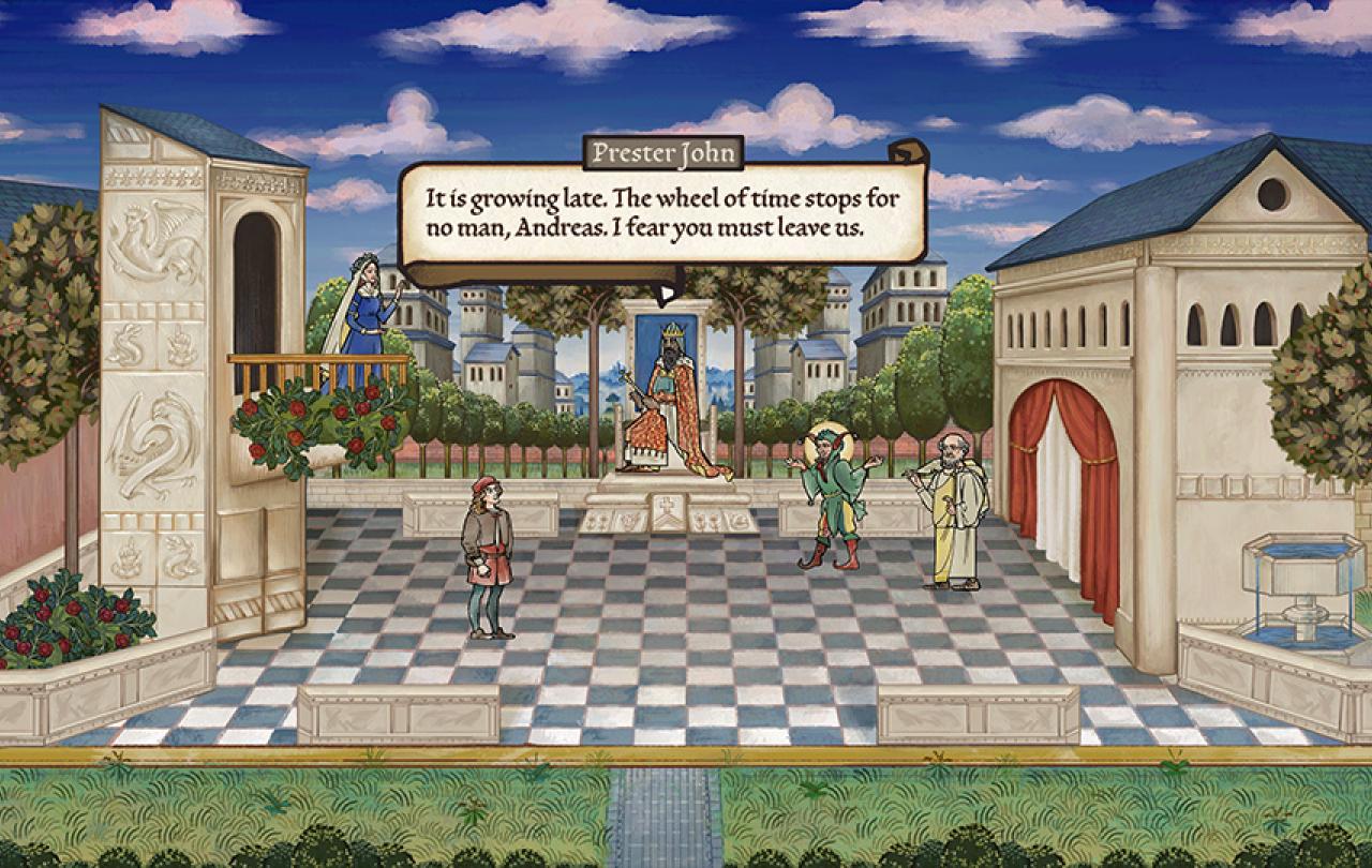 A screen grab of a video game showing a chequered floor amidst classical architecture, with player figures.