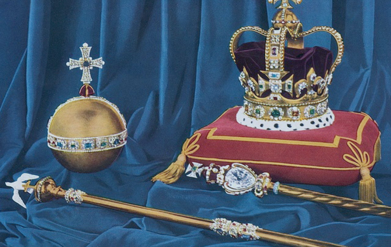 A crown, orb and sceptre rest on velvet cushions.