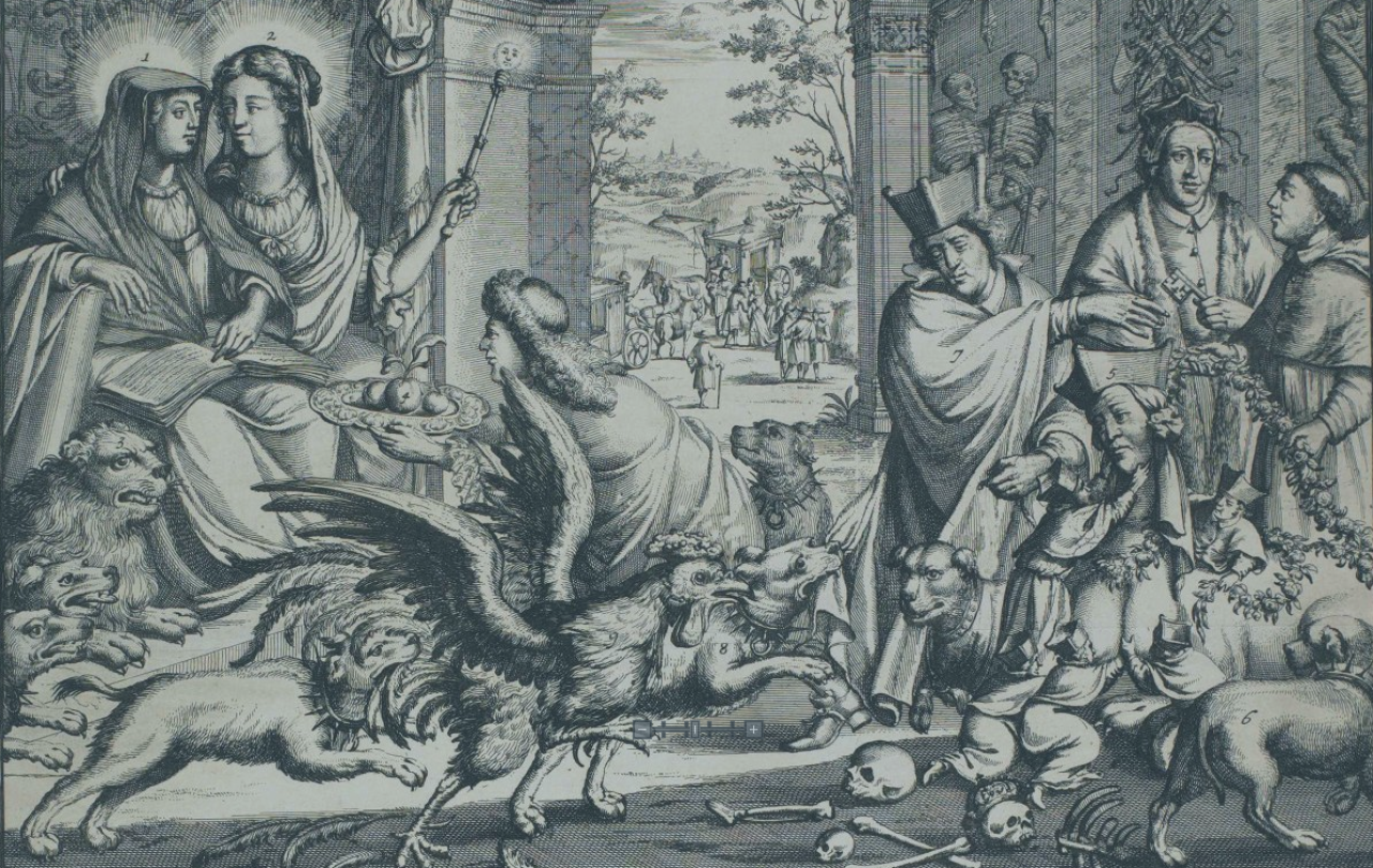 an etching shows William and Mary is a classical scene, priests stand to their right while dogs chew bones at their feet.