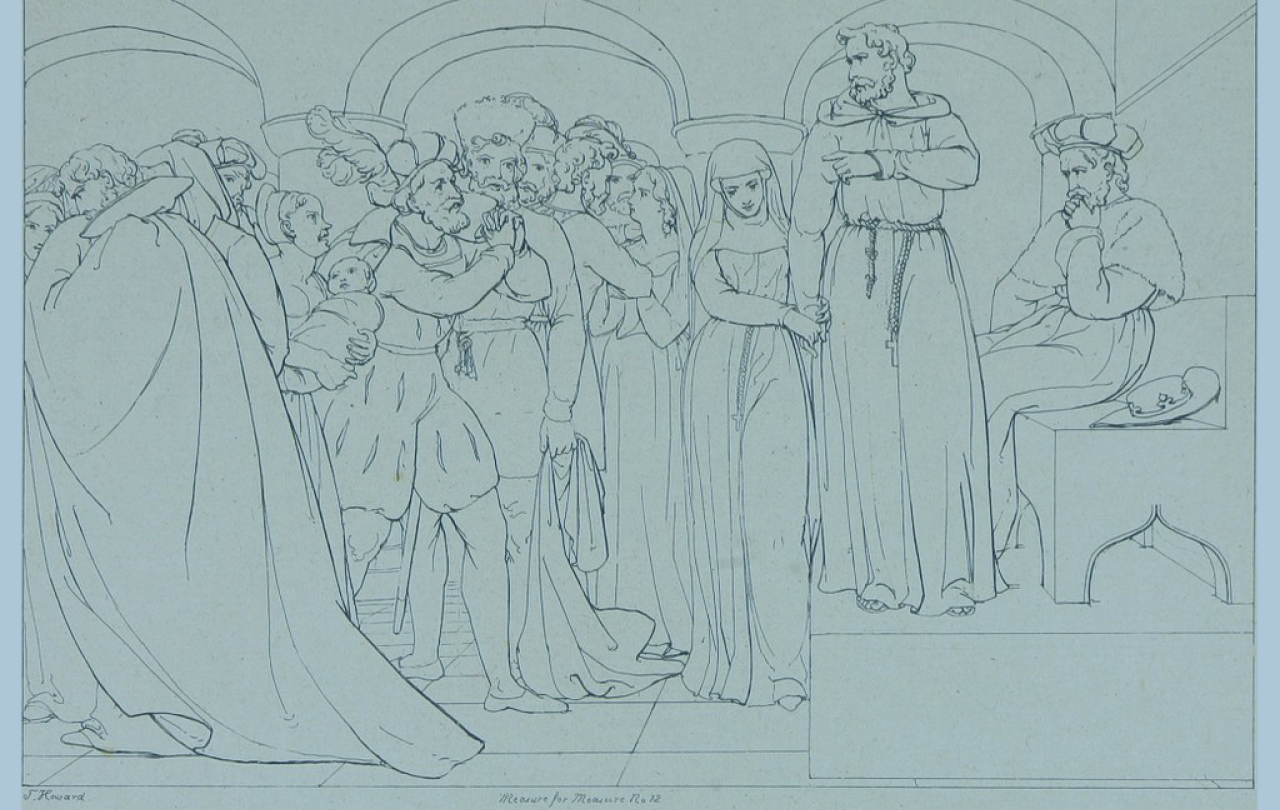 A line illustration of a theatrical play scene showing a crowd waiting on standing and sitting judges to make a decision