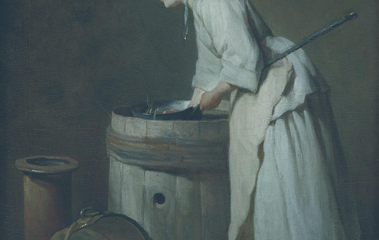 A painting of an 18th Century servant bent over a washing tub.