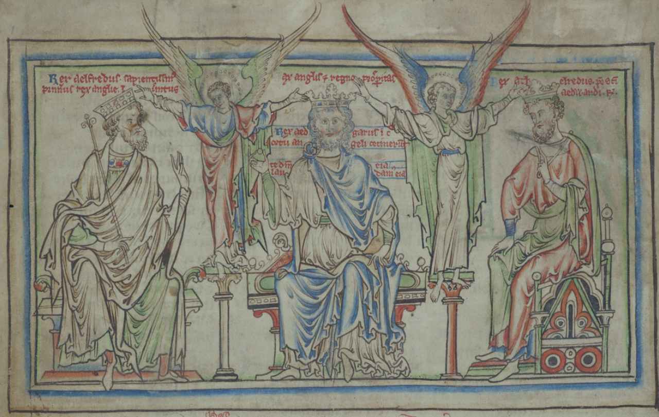 A medieval illustration of King Edgar's coronation shows him between his predecessor and successor, while angels hover above him.