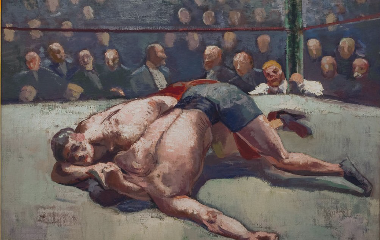 A painting depicts two wrestlers on the ring mat, watched by eager fans.