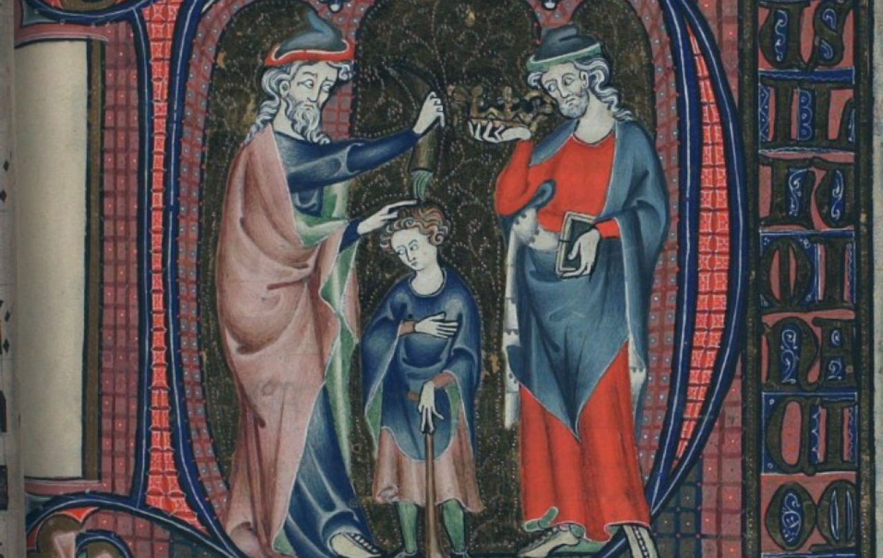 A medieval illustration of King David being anointed by Samuel