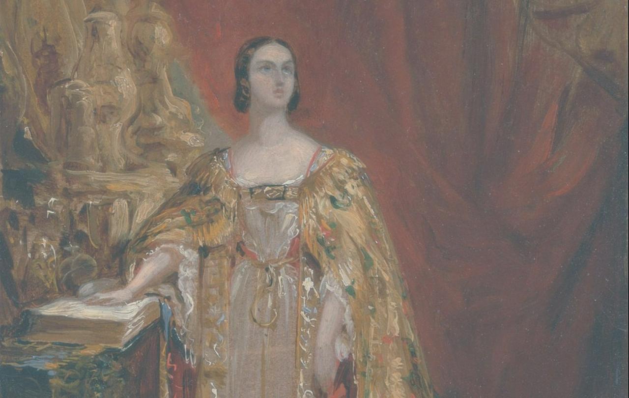 A painting shows a young Queen Victoria, in her coronation dress, resting one hand on the bible, taking her oaths