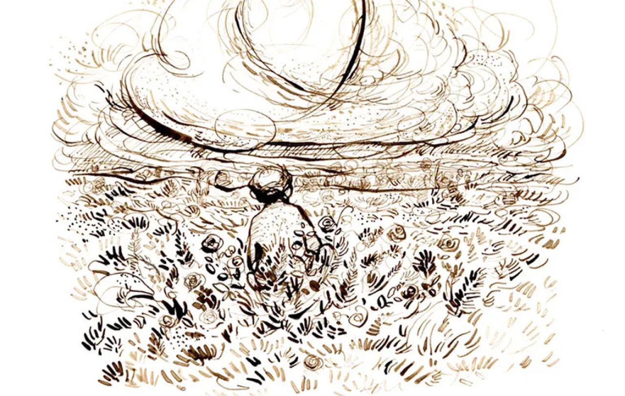 A illustration of a boy sitting in a  field with his back to us, above him is a heart shaped cloud.