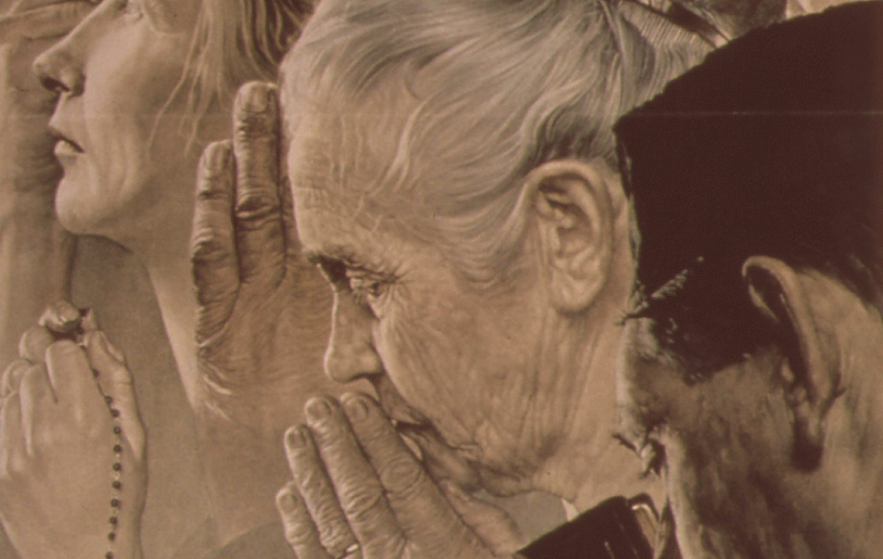 A montage of people praying with hands held together.