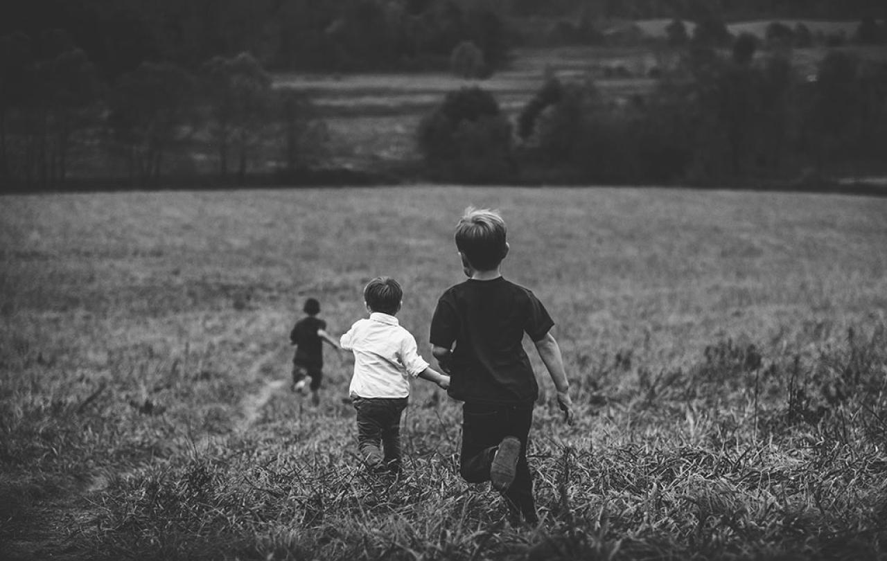 Three young children run away into the distance down across a field of long grass.