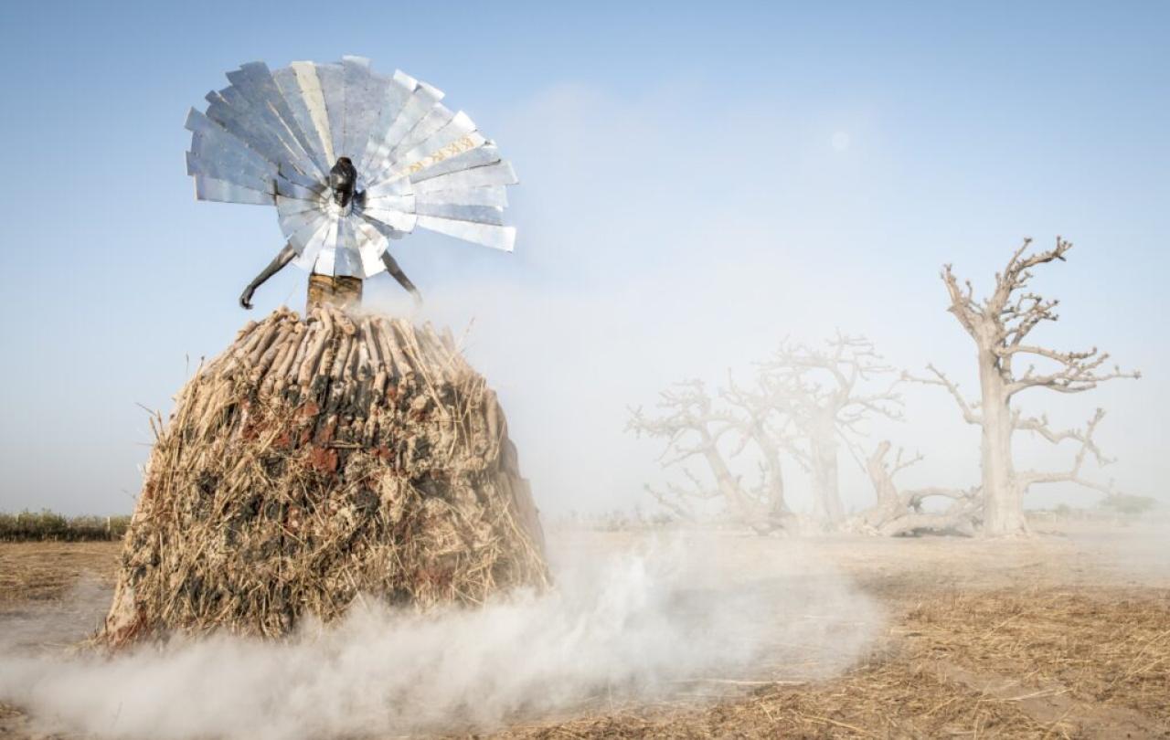 A photo-realistic work of art depicting a fiigure raised on fire wood wearing a colour of large metal rays, against a desertifying landscape of dead trees.