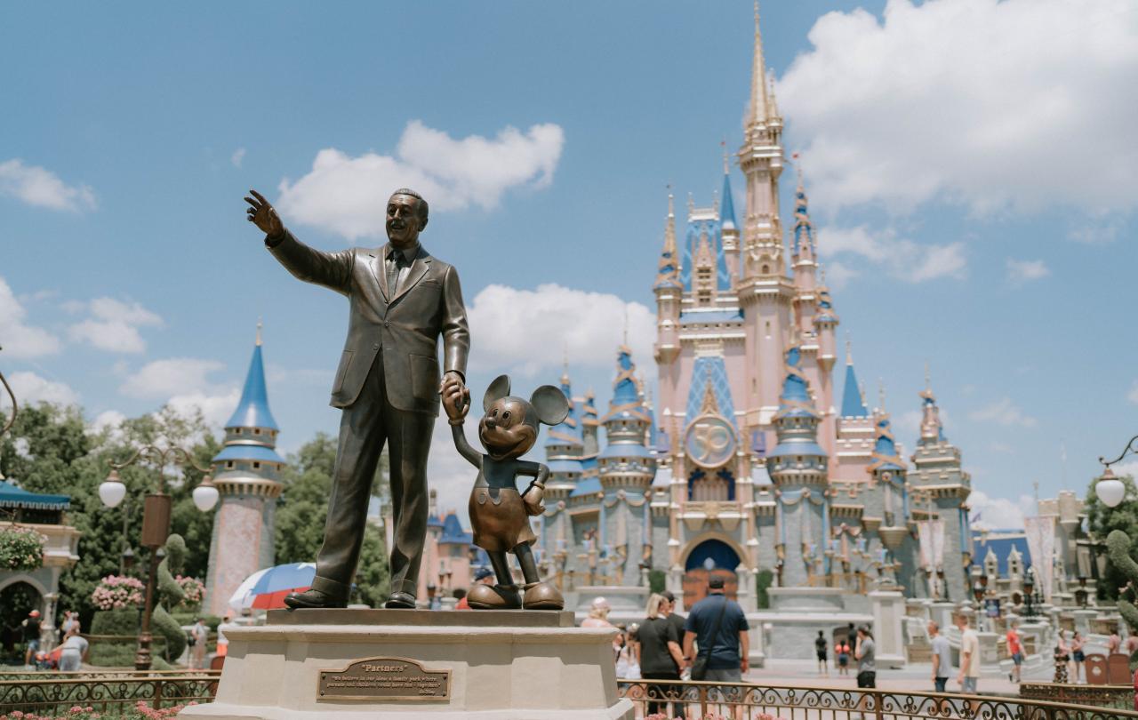 A statue of Walt Disney holding hands with Mickey Mouse in front of Cinderella's Castle
