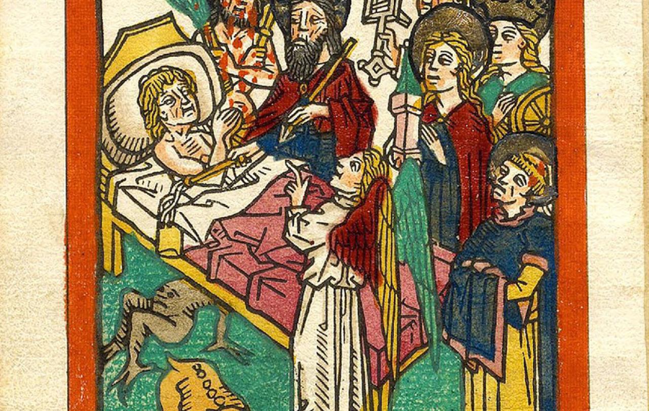 A medieval book illustration of a person dying in bed.