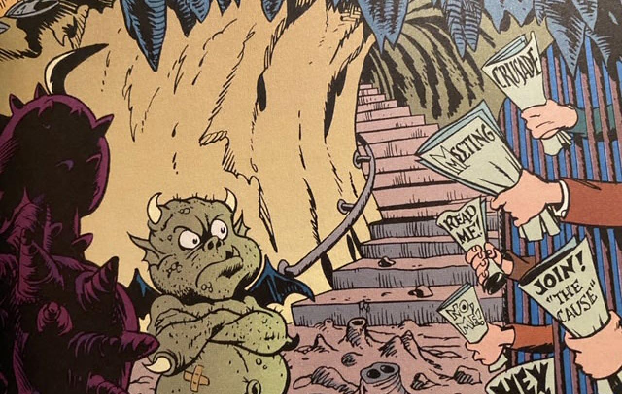 A comic book style cartoon of a small squat devil looking quizzed in hell.