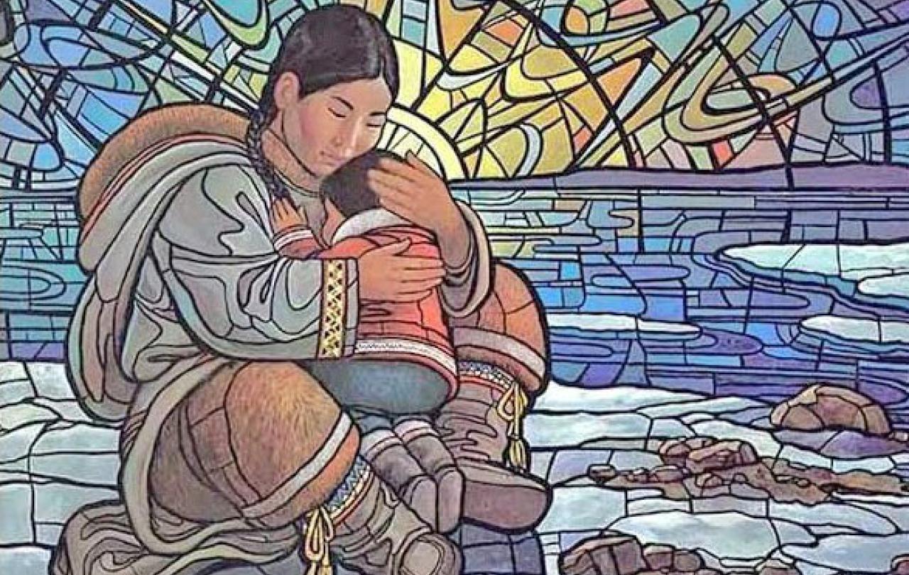 A stained-glass style illustration of an Inuit mother cradling an infant with a halo-like background.