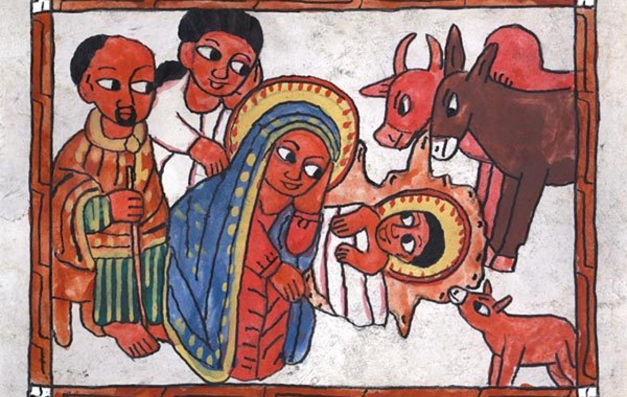 Nativity scene in the style of Eithiopian icon.