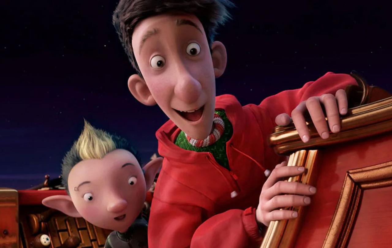 An animated scene shows a man in a Christmas jumper and a child look around a corner into something and be delighted