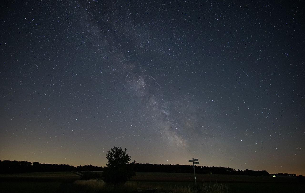 A starry night sky below which a signpost is silhouetted.