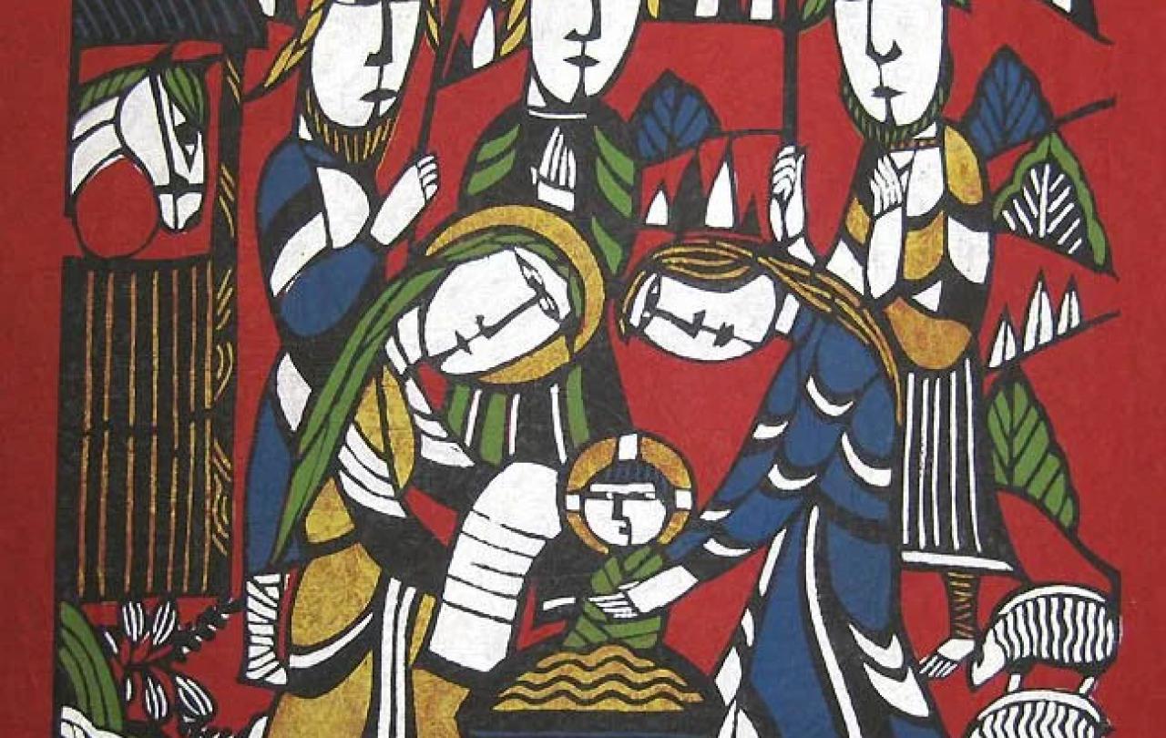 A nativity seen against a red background