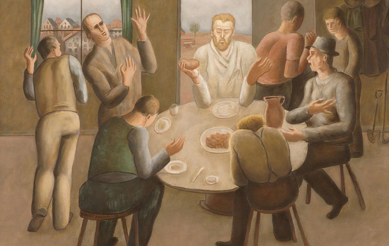 A painting depicts a round table in a room. Those sitting around it rise up as a Christ figure enters.