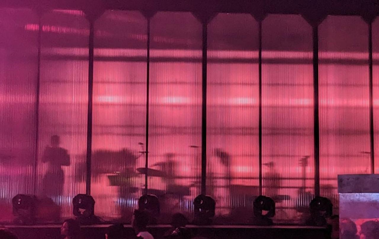 A singer stands beside musical instrument behind pink frosted glass on the front of a stage.