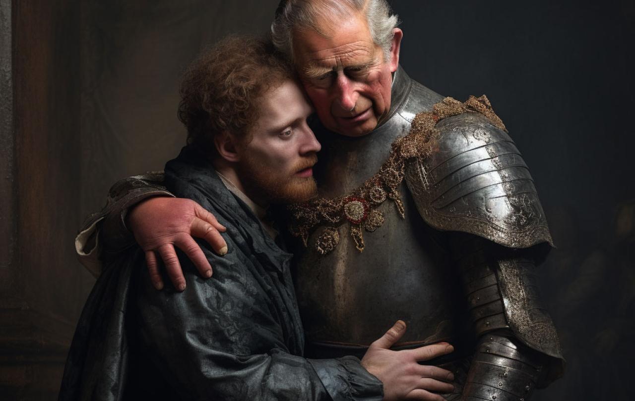 In the style of a Rembrandt painting Prince Harry embraces his father King Charles.