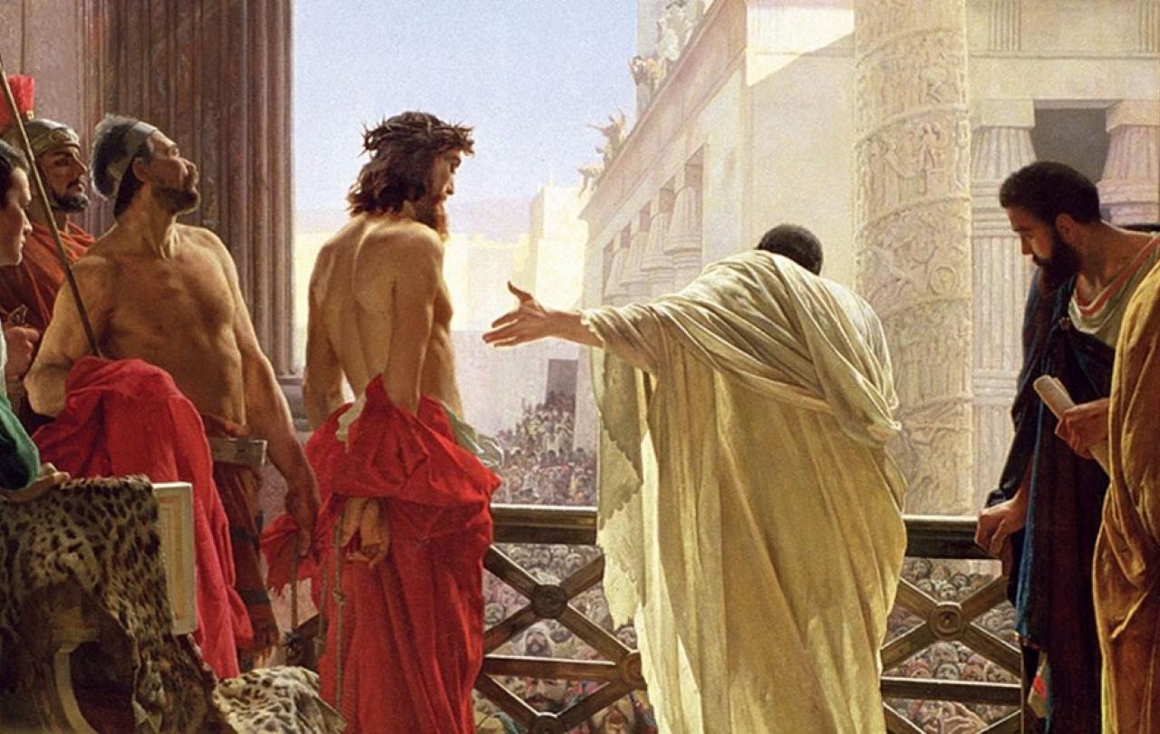 A balcony scene viewed behind shows a Roman ruler leaning over a balcony to the crowd while gesturing to a semi-naked Christ.