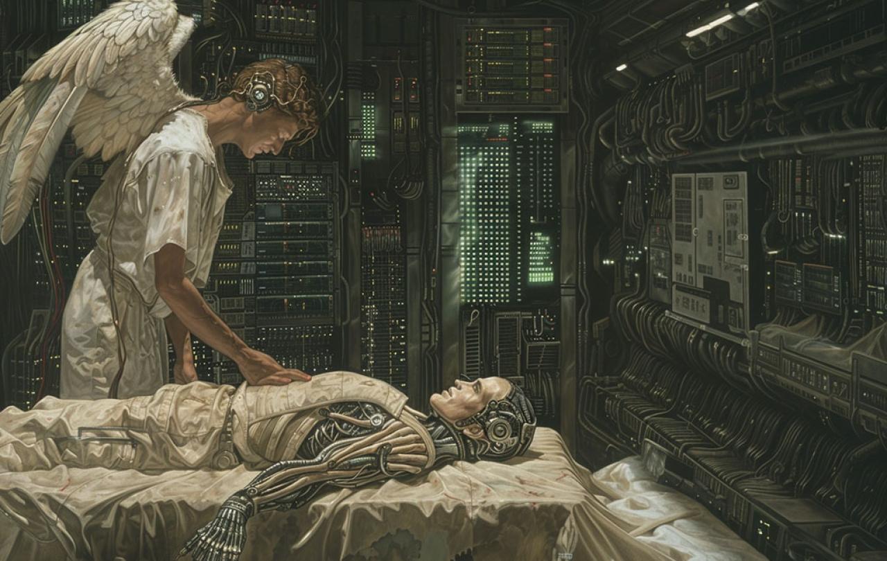 An angel of death lays a hand of a humanioid robot that has died amid a data centre