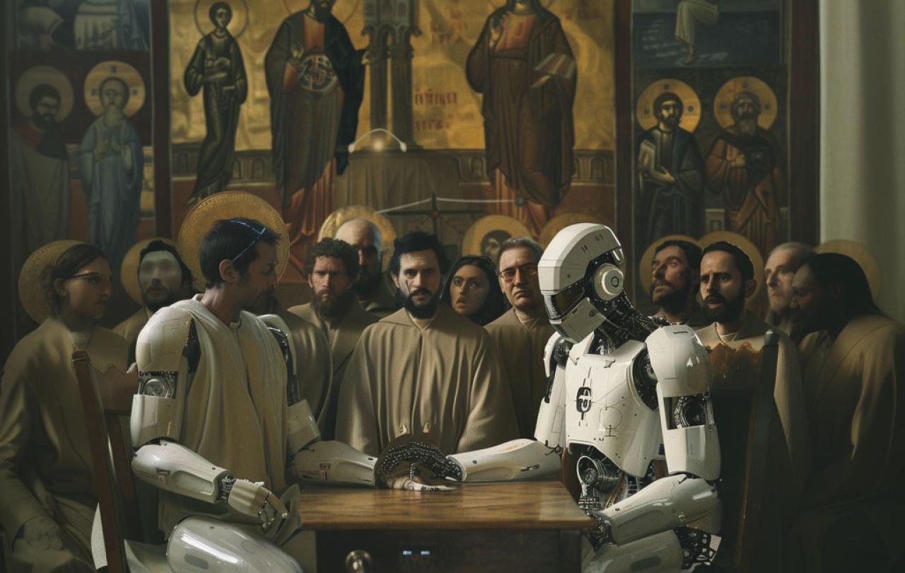 In the style of an icon of the Council of Nicea, theologians look on as a cyborg and humanoid AI shake hands