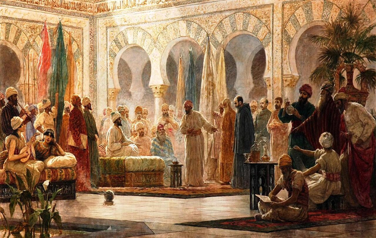 A painting of a Sultan's court gathering round as a ambassador is presented.